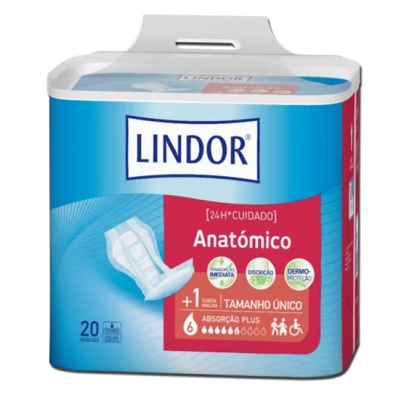 Pacote azul e vermelho de pensos higiénicos Anatómico LINDOR com texto e símbolos de absorção e cuidado
