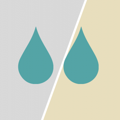 Duas gotas de água azul-turquesa em fundo dividido cinza e bege