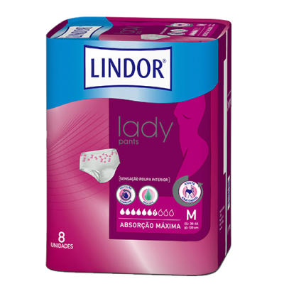 Embalagem de roupa interior absorvente lady pants da marca LINDOR de cor fúcsia e azul com 8 unidades, tamanho M, absorção máxima.