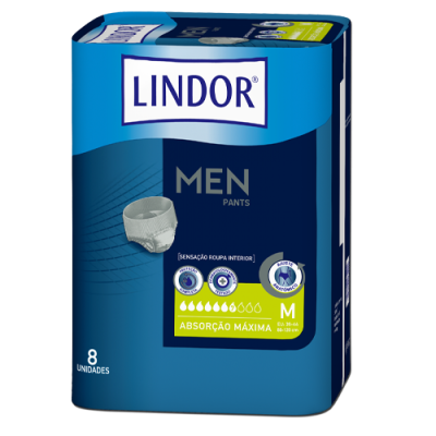 Embalagem azul de fraldas para homens Lindor Men Pants tamanho M com 8 unidades