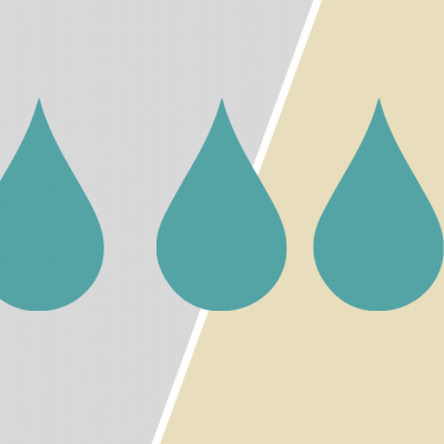 Três gotas azuis em fundo cinzento claro e bege.