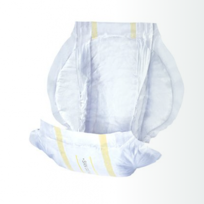 Fralda descartável branca com fita adesiva amarela