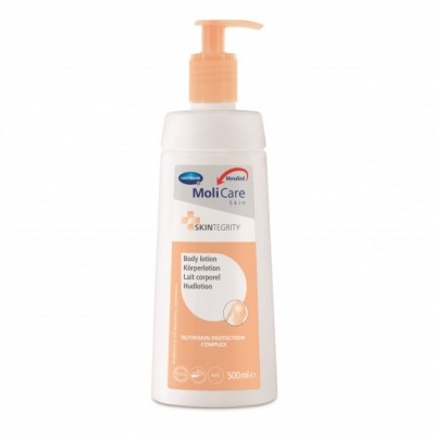 Frasco de loção corporal MoliCare SkinIntegrity com doseador laranja