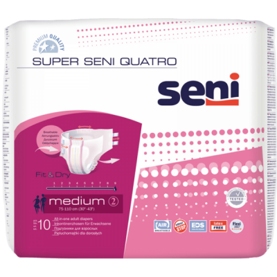 Pacote rosa e branco de fraldas para adultos Super Seni Quatro tamanho medium com design de bolinhas e texto