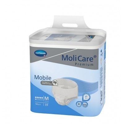 Embalagem azul e cinza com fralda MoliCare Premium Mobile tamanho M