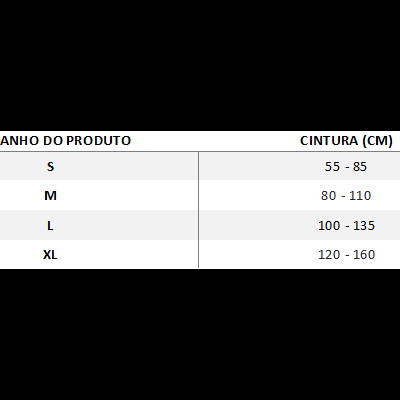 Tabela de tamanhos do produto com medidas da cintura em centímetros