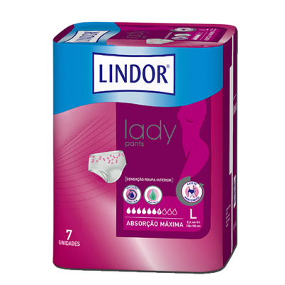 Embalagem azul e rosa de pensos LINDOR lady pants tamanho L com 7 unidades
