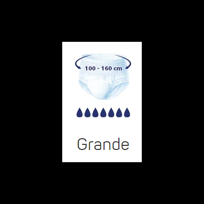 Fralda absorvente tamanho grande com indicação de cintura 100-160 cm e sete gotas azuis