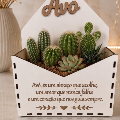 Jardineira branca com cactos e suculentas e texto de homenagem à avó