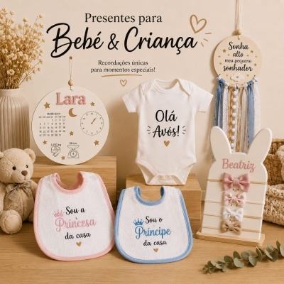 Presentes para bebé e criança com body, babetes, calendário personalizado e placa decorativa em madeira