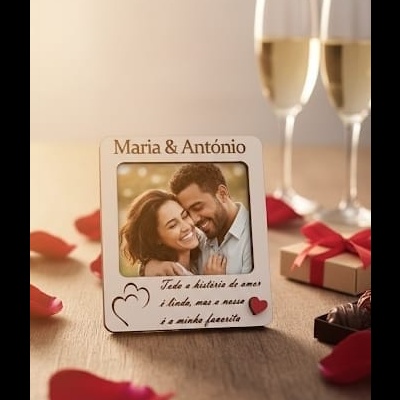 Moldura de foto personalizada com mensagem romântica, pétalas de rosa, champanhe e presentes