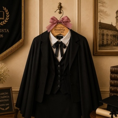 Traje académico feminino preto em cabide de madeira com texto e fita rosa