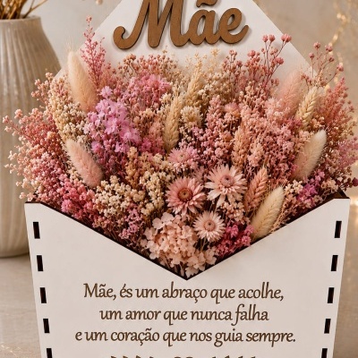 Arranjo floral em envelope branco com texto para o Dia da Mãe