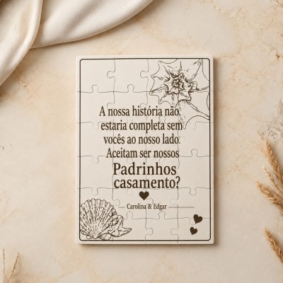 Puzzle de madeira com texto para convite de padrinhos de casamento