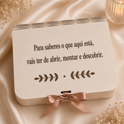 Caixa de madeira clara gravada com texto e laço rosa sobre tecido bege e flores secas