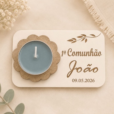 Vela azul em suporte de flor castanho sobre base branca gravada para comunhão