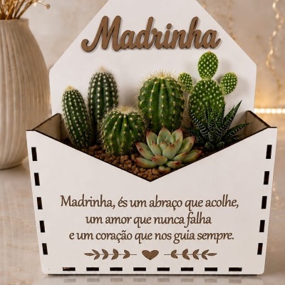 Arranjo de cactos e suculentas em caixa decorativa branca com texto para madrinha