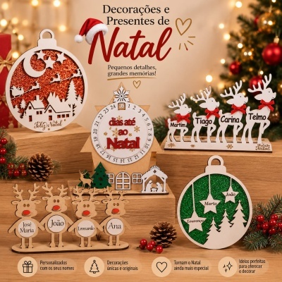 Decorações de Natal em madeira clara com glitter vermelho e verde e nomes personalizados.