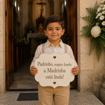 Menino segurando placa decorativa com texto em frente a igreja