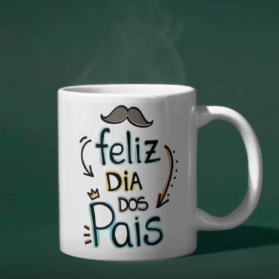 Caneca branca com o texto feliz DIA dos Pais e desenho de bigode