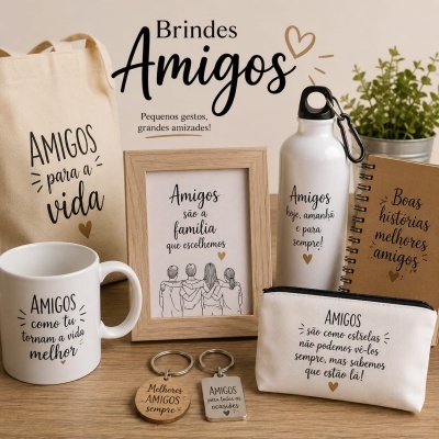 Conjunto de brindes para amigos com mensagens de amizade em diferentes objetos sobre mesa de madeira.