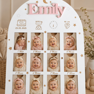 Painel decorativo de madeira com fotos mensais de bebé e nome Emily em rosa