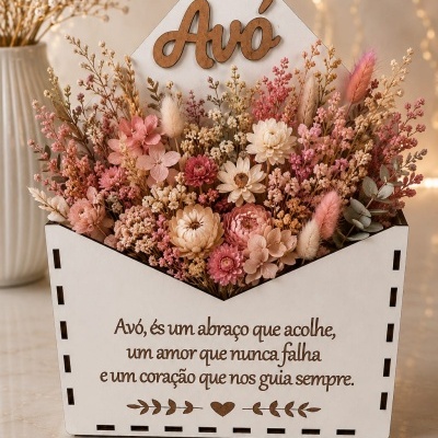 Arranjo de flores secas com mensagem para avó em recipiente branco em formato de envelope
