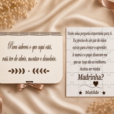 Caixa e puzzle de madeira com texto convite para madrinha sobre fundo bege satin e flores secas