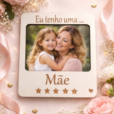 Moldura fotográfica em madeira clara com mensagem para mãe rodeada de flores rosas e brancas e fita cor de rosa.