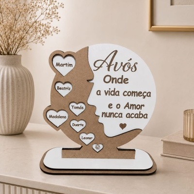 Placa decorativa para avós com nomes em corações e texto inspirador colocada num móvel claro com vaso e livros ao lado.