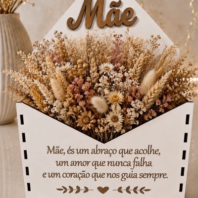 Arranjo floral seco numa caixa branca em forma de envelope com mensagem para mãe