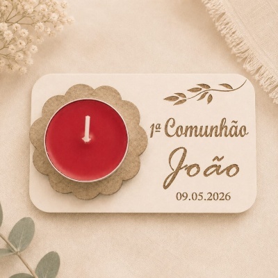 Vela vermelha em base de madeira gravada para 1ª comunhão com o nome João e data 09.05.2026