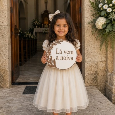 Menina vestida de festa segurando placa de casamento