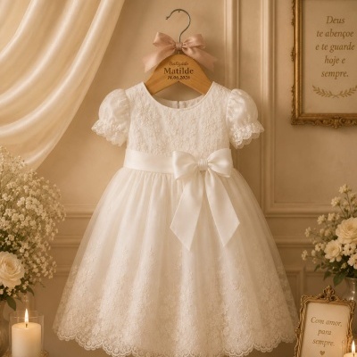 Vestido de batizado branco para bebé com renda floral e laço, pendurado num cabide com laço rosa.