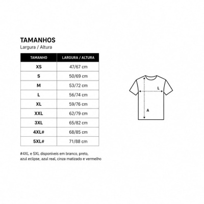 Tabela de tamanhos de t-shirt com medidas de largura e altura para vários tamanhos.