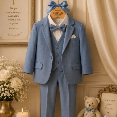 Fato azul para criança pendurado com camisa branca e gravata borboleta em cenário decorativo com ursinho e flores