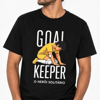 T-shirt preta com estampa de guarda-redes ajoelhado e texto em branco numa modelo masculino