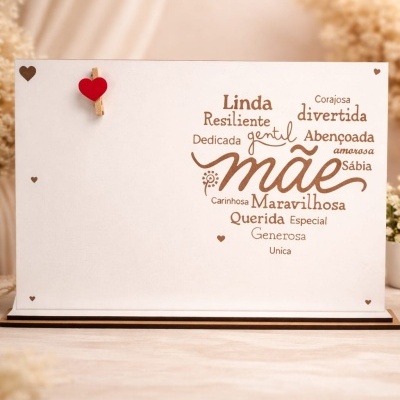 Placa decorativa branca com palavras sobre mãe e prendedor com coração vermelho