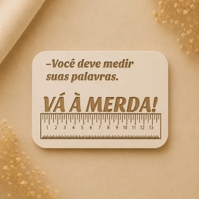Placa decorativa com texto recortado a laser e régua gravada sobre fundo bege com flores secas
