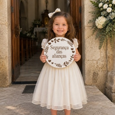 Menina vestida de creme com placa Segurança das alianças em frente a igreja