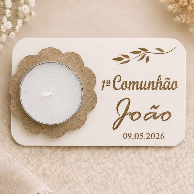 Vela pequena numa placa com gravação para 1ª Comunhão com nome João e data 09.05.2026