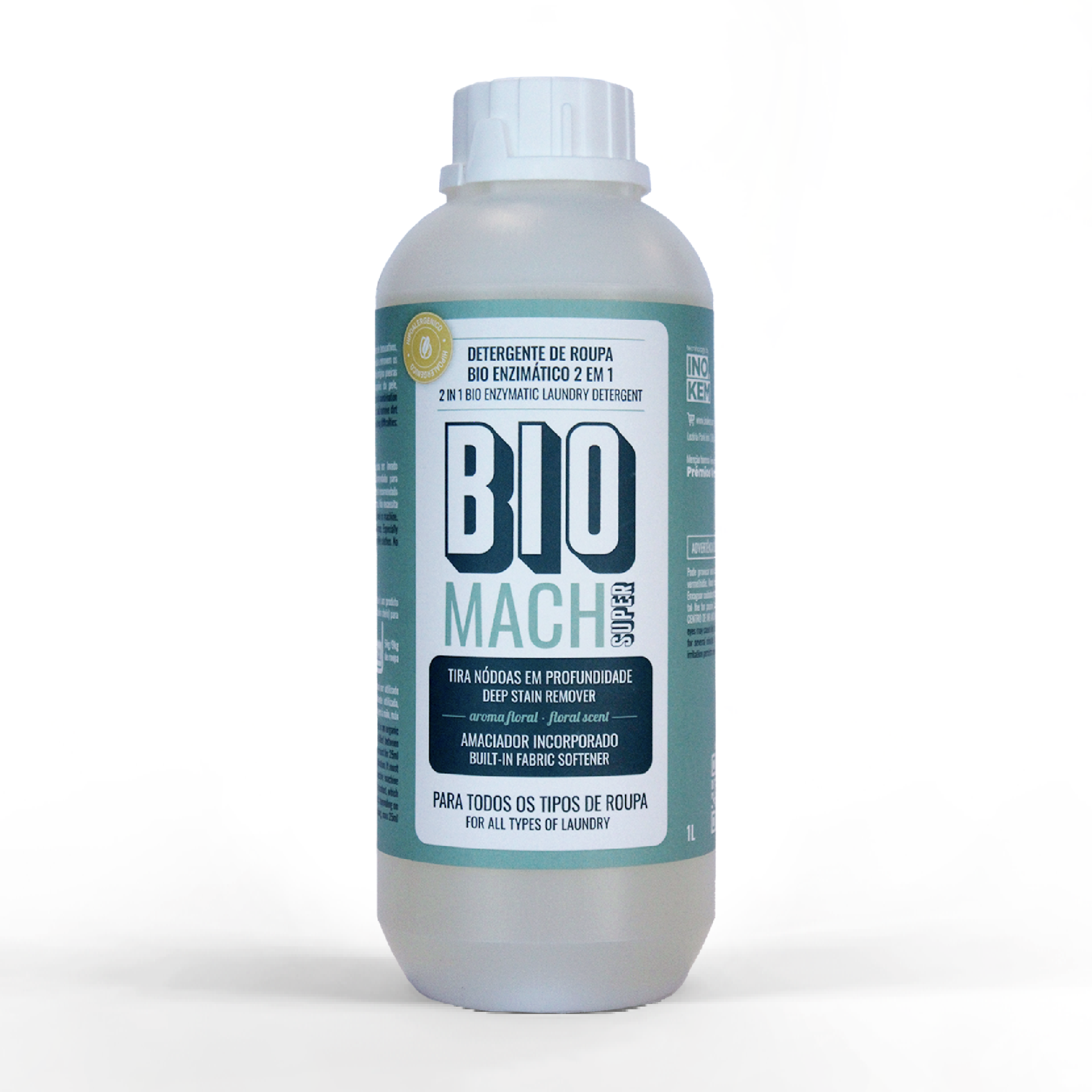 Detergente de roupa bio enzimático 2 em 1 - BIOMACH SUPER Original (frutado) Frasco de detergente líquido para roupa BIO MACH ECO com rótulo verde e branco