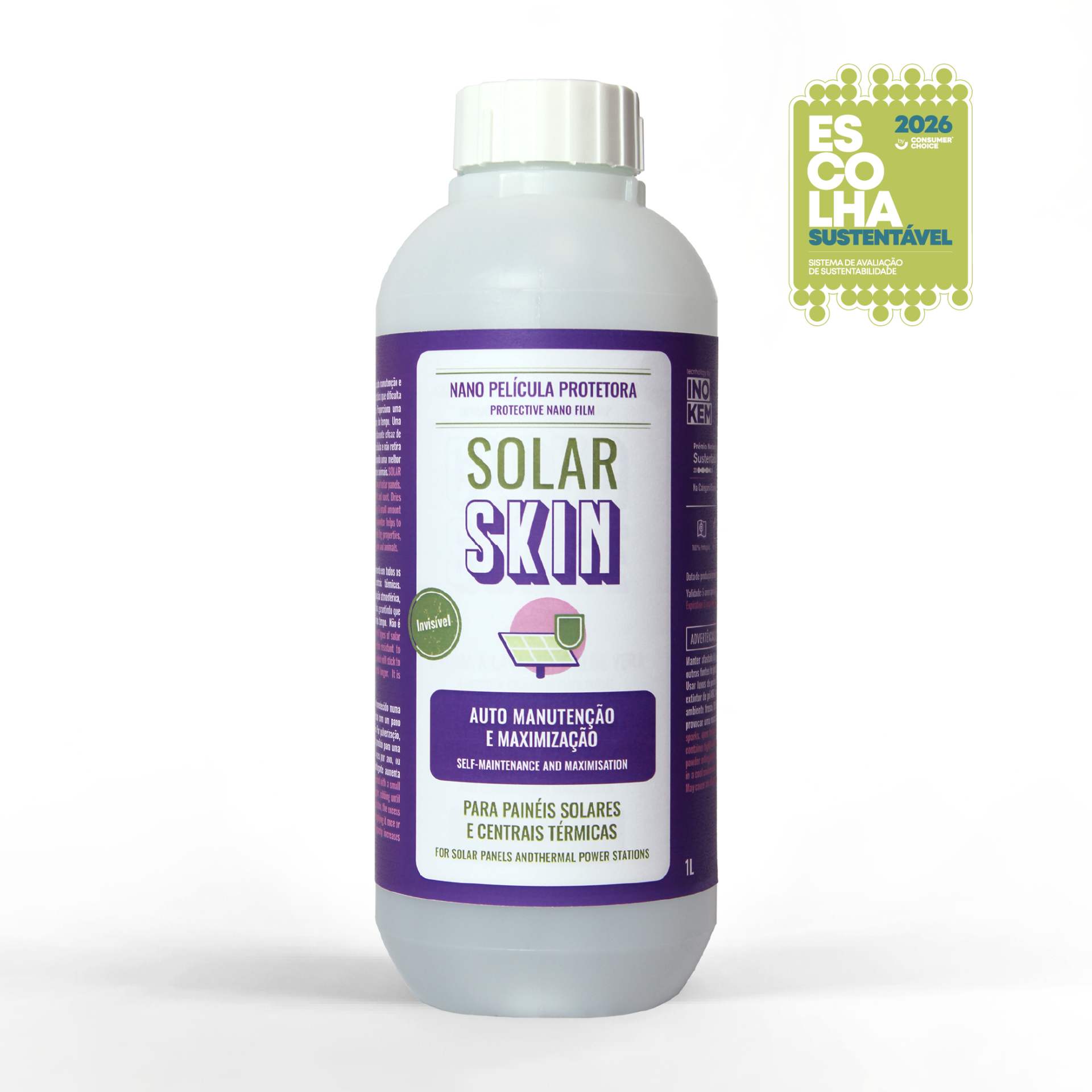 Nano película protetora de painel Solar - SOLAR SKIN Frasco branco do produto Solar Skin para manutenção de painéis solares com rótulo roxo, verde e branco