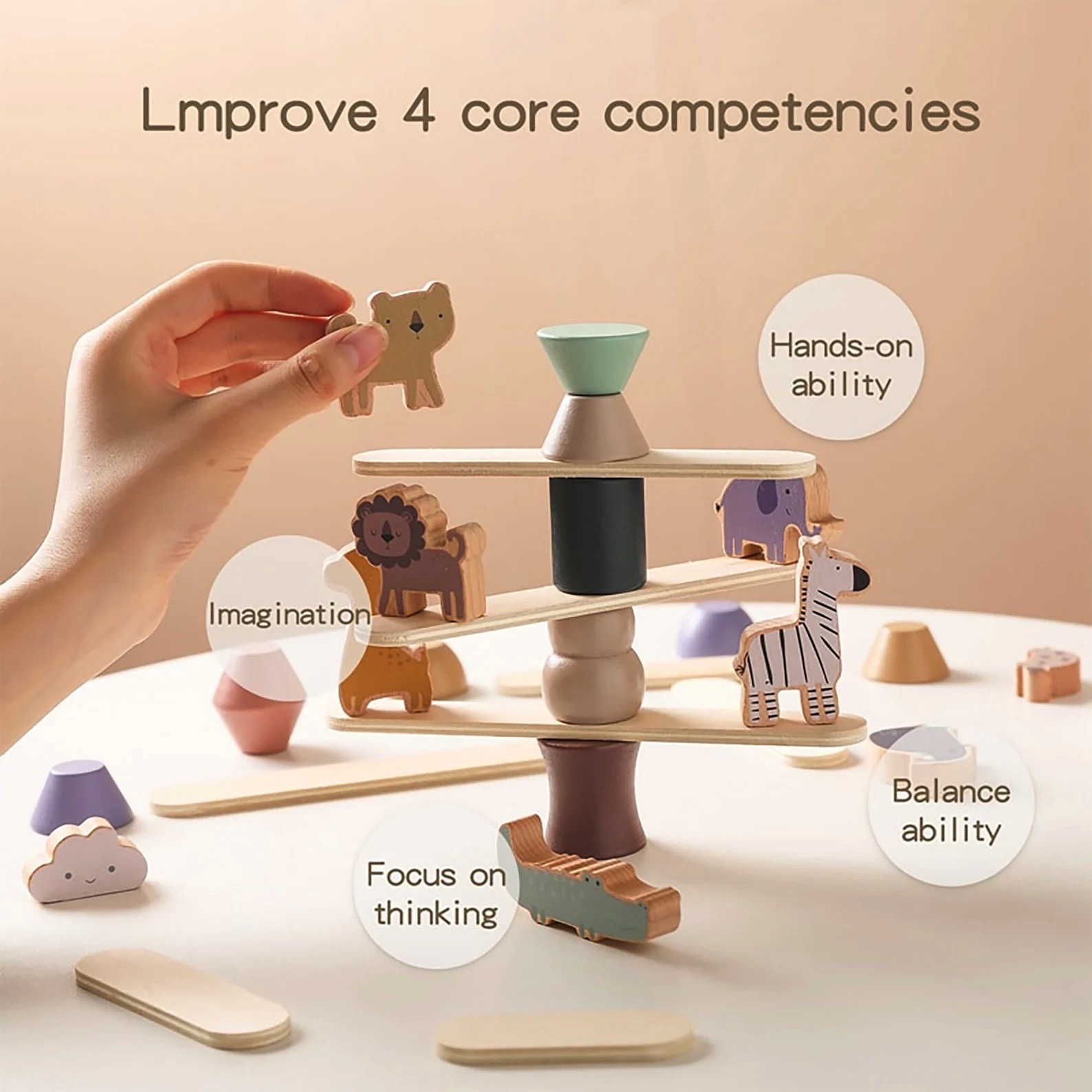 Brinquedo de equilíbrio infantil em madeira com peças de animais coloridos