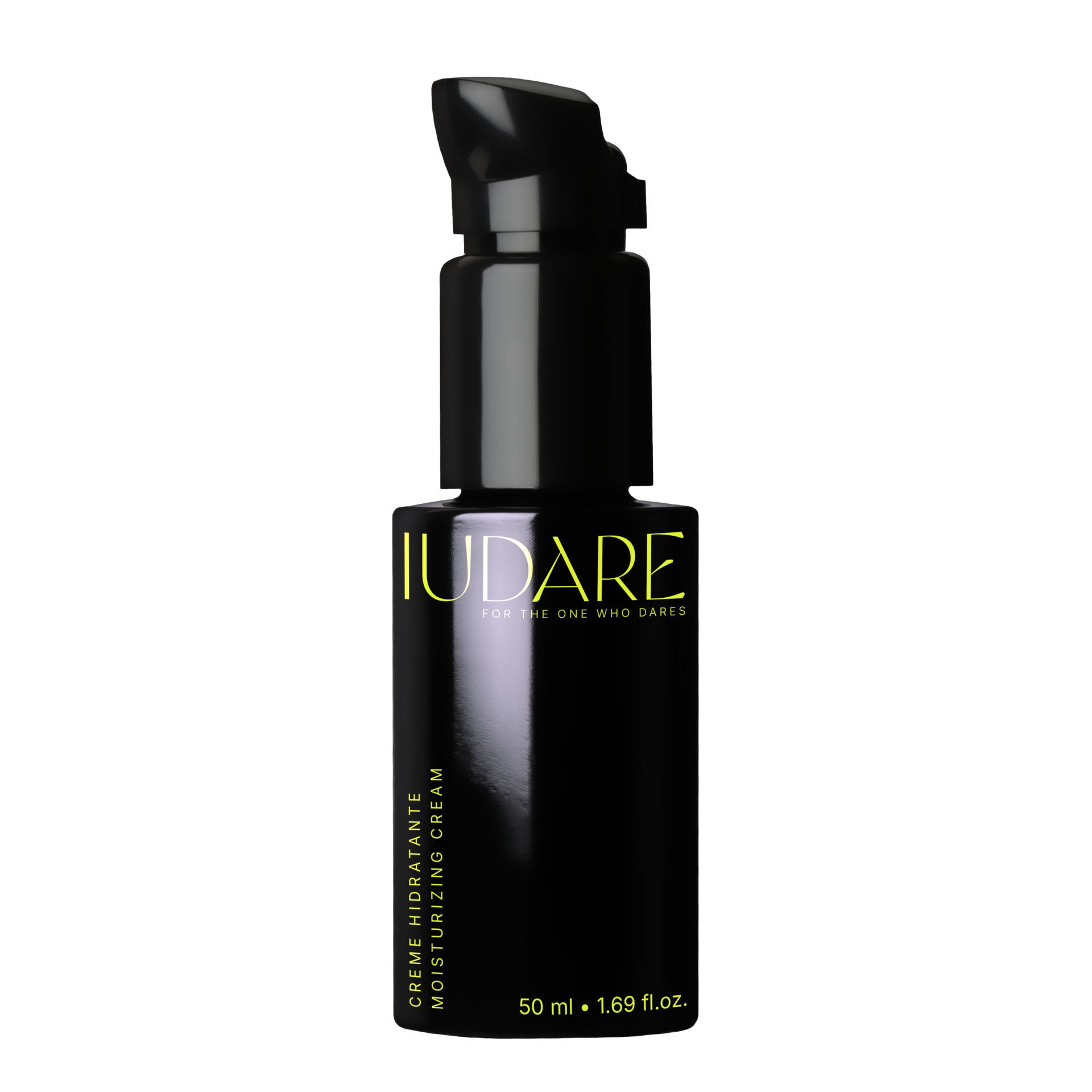 Frasco preto de creme hidratante para barba com texto amarelo e tampa preta