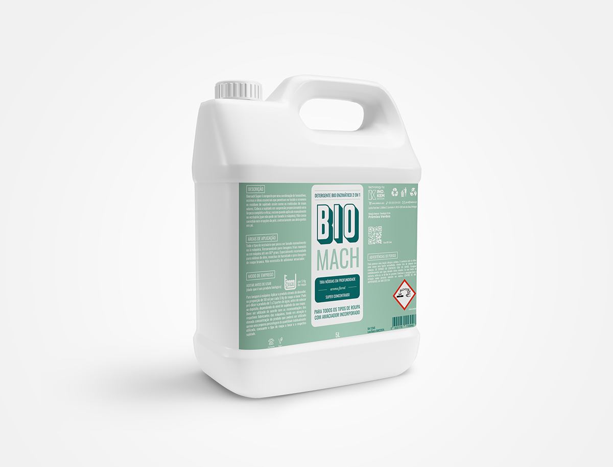 Detergente de roupa bio enzimático 2 em 1 - BIOMACH SUPER Original (frutado) Recipiente plástico branco com rótulo verde BIO MACH