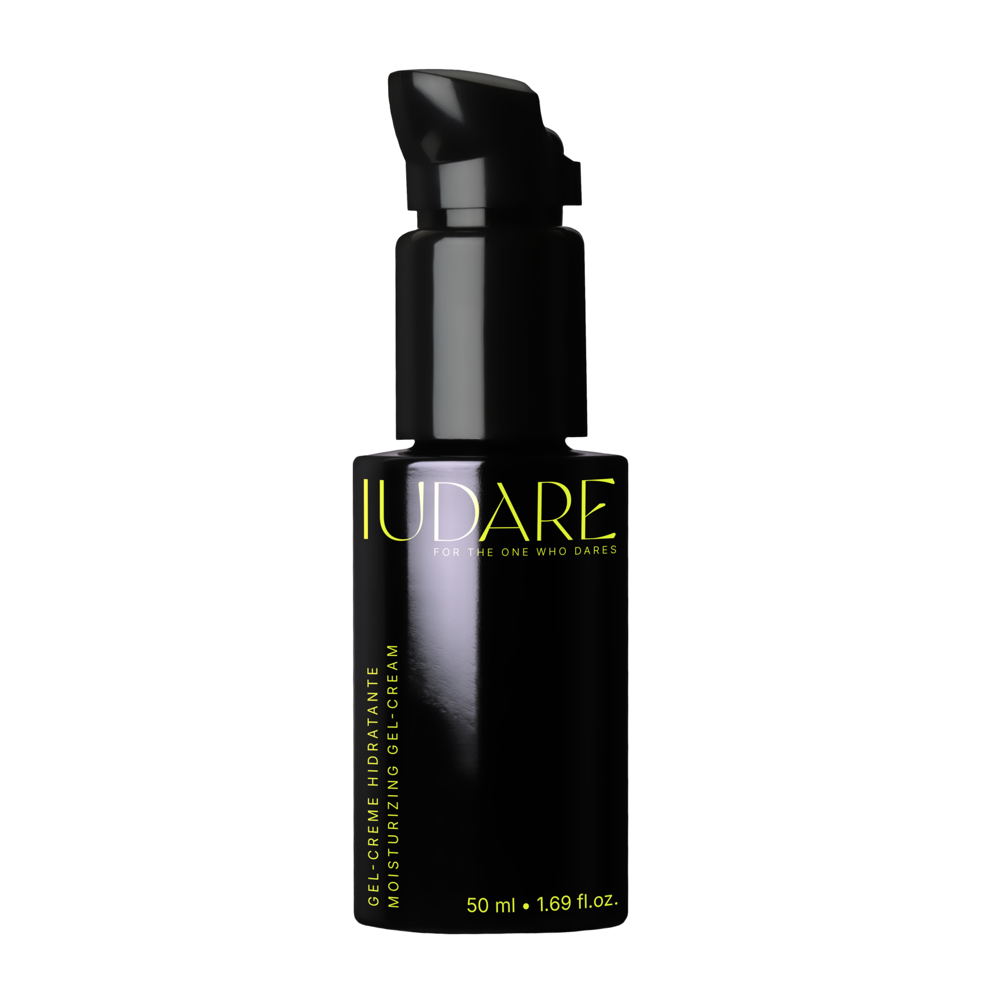Embalagem preta de creme hidratante em gel com doseador preto e texto amarelo