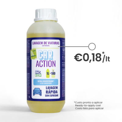 Frasco de líquido de limpeza para carros com rótulo azul e branco
