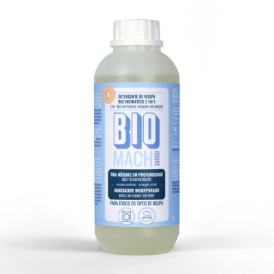 Frasco de detergente BIO MACH azul claro e branco