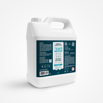 Frasco plástico branco de 5 litros com etiqueta azul escura e texto em português